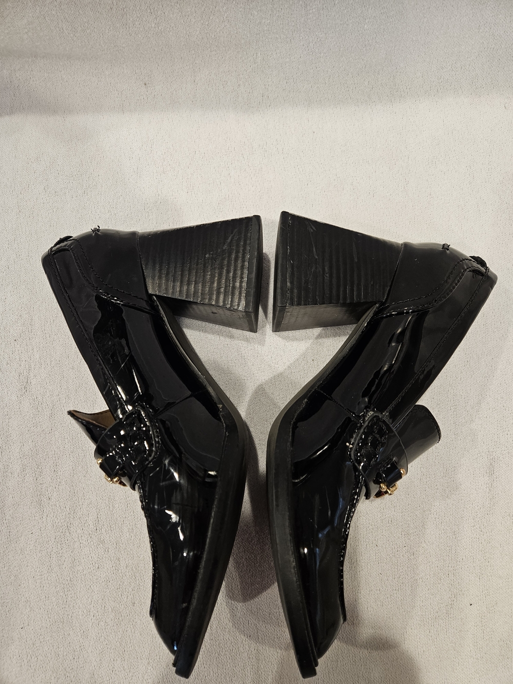 Sam Edelman Quincy Black Patent Block Heel Loafers with Gold Chain 8 - Picture 5 of 10